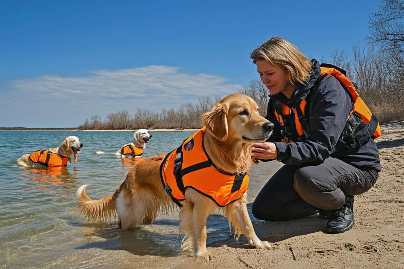 chien avec gilet de sauvetage en securite